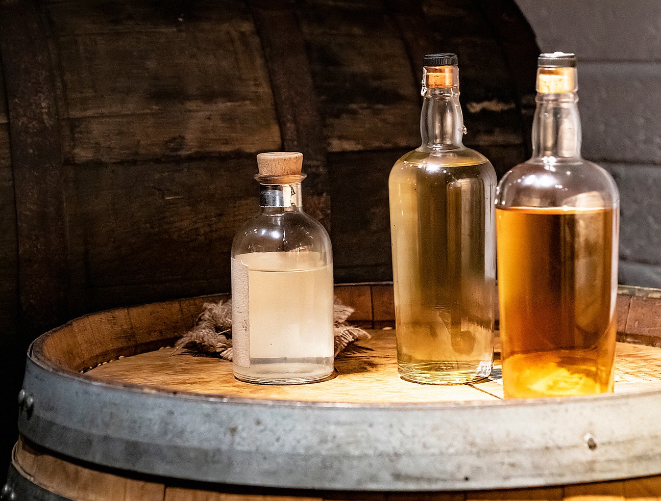 Irish whiskey at different ages on a barrel