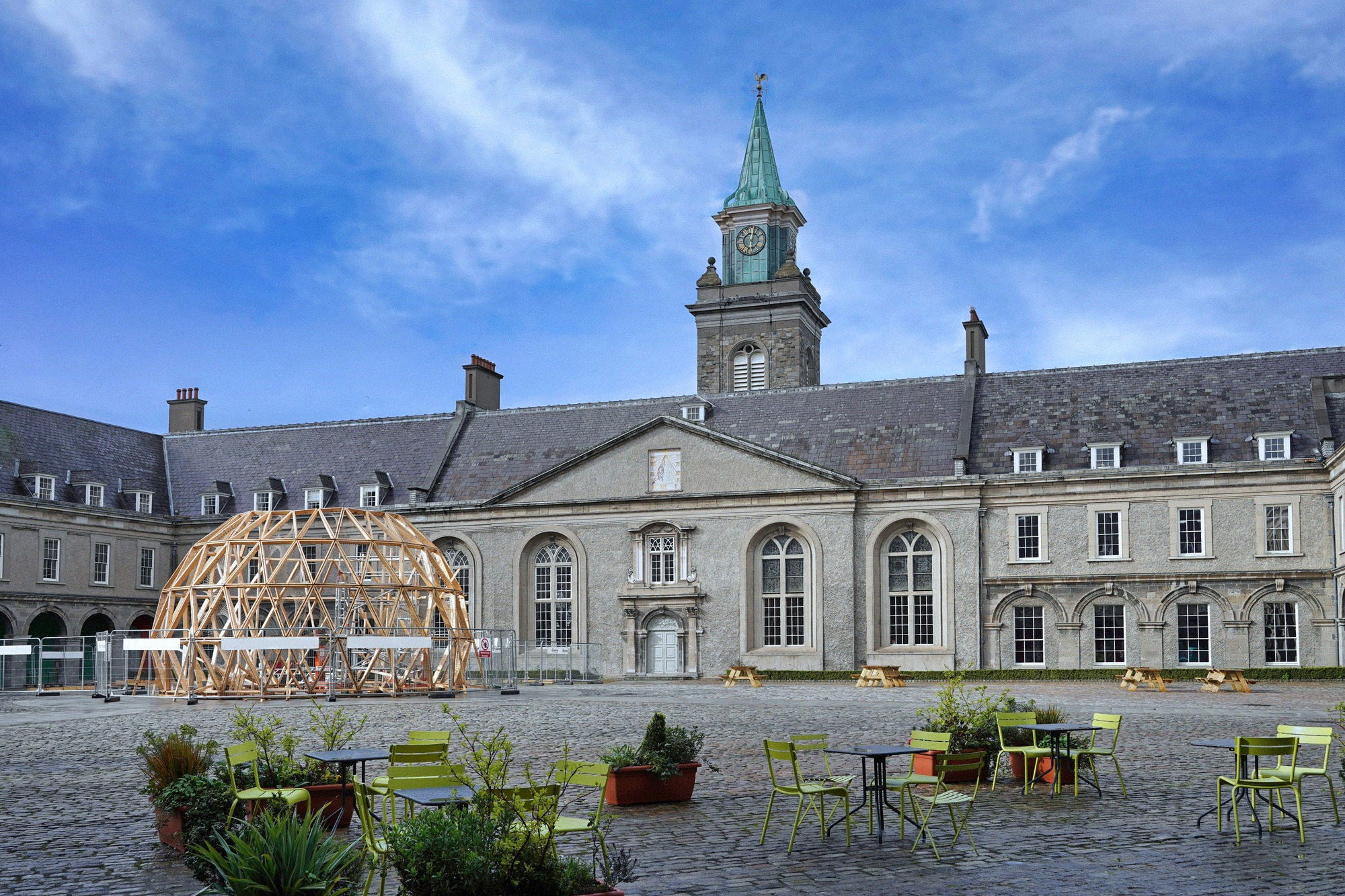 The cobbled courtyard of the Royal Hospital Kilmainham with its striking clock tower, now home to the Irish Museum of Modern Art.